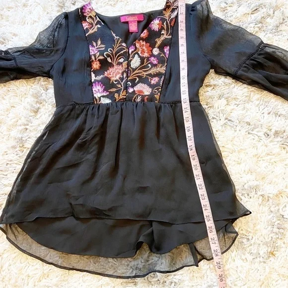 Catherine MaLandrino | Black Sheer Embroidered Bell Sleeve Blouse Size Medium - Picture 10 of 11